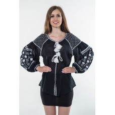 Boho Style Ukrainian Embroidered Folk  Blouse "Starry Sky" white on black